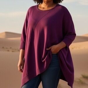 ✨Verve‎ Ami Plus Size 2X Burgundy Asymmetric Hem Poncho 3/4 Sleeve Sweater Top